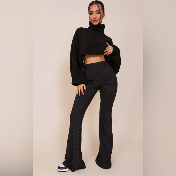 PrettyLittleThing Pants - Petite Black Flare Ribbed Pants - NEW